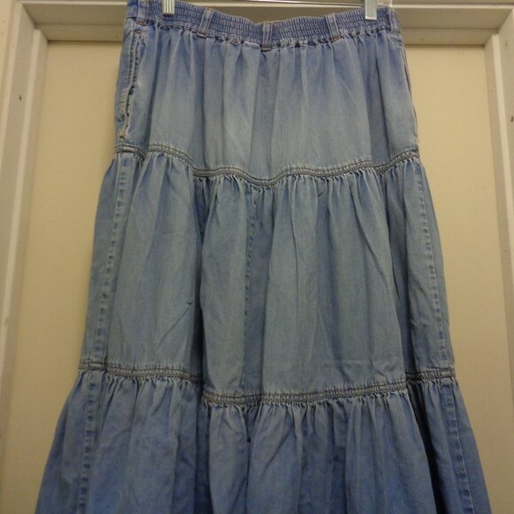 TRENDING COWGIRL VINTAGE LIGHT FADE WASH TIERED MIDI SKIRT X LG - Picture 6 of 8